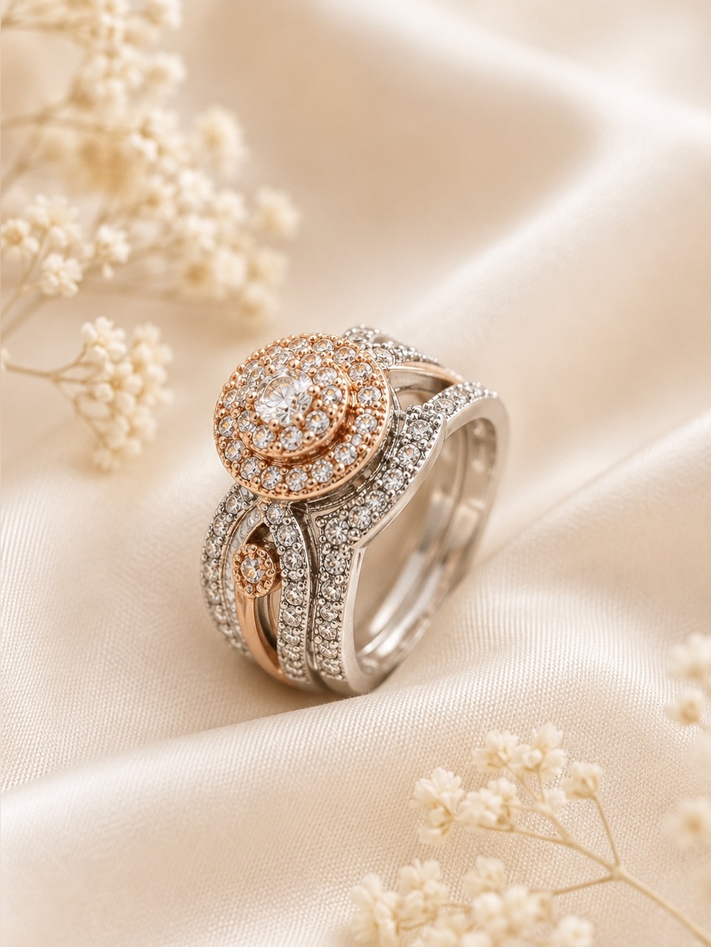 Round Cubic Zirconia Filigree Wedding Ring Two-Piece Set